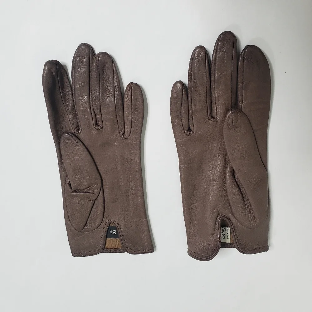 Vintage Lord & Taylor Taupe brown leather driving gloves silk lined size 6.5
